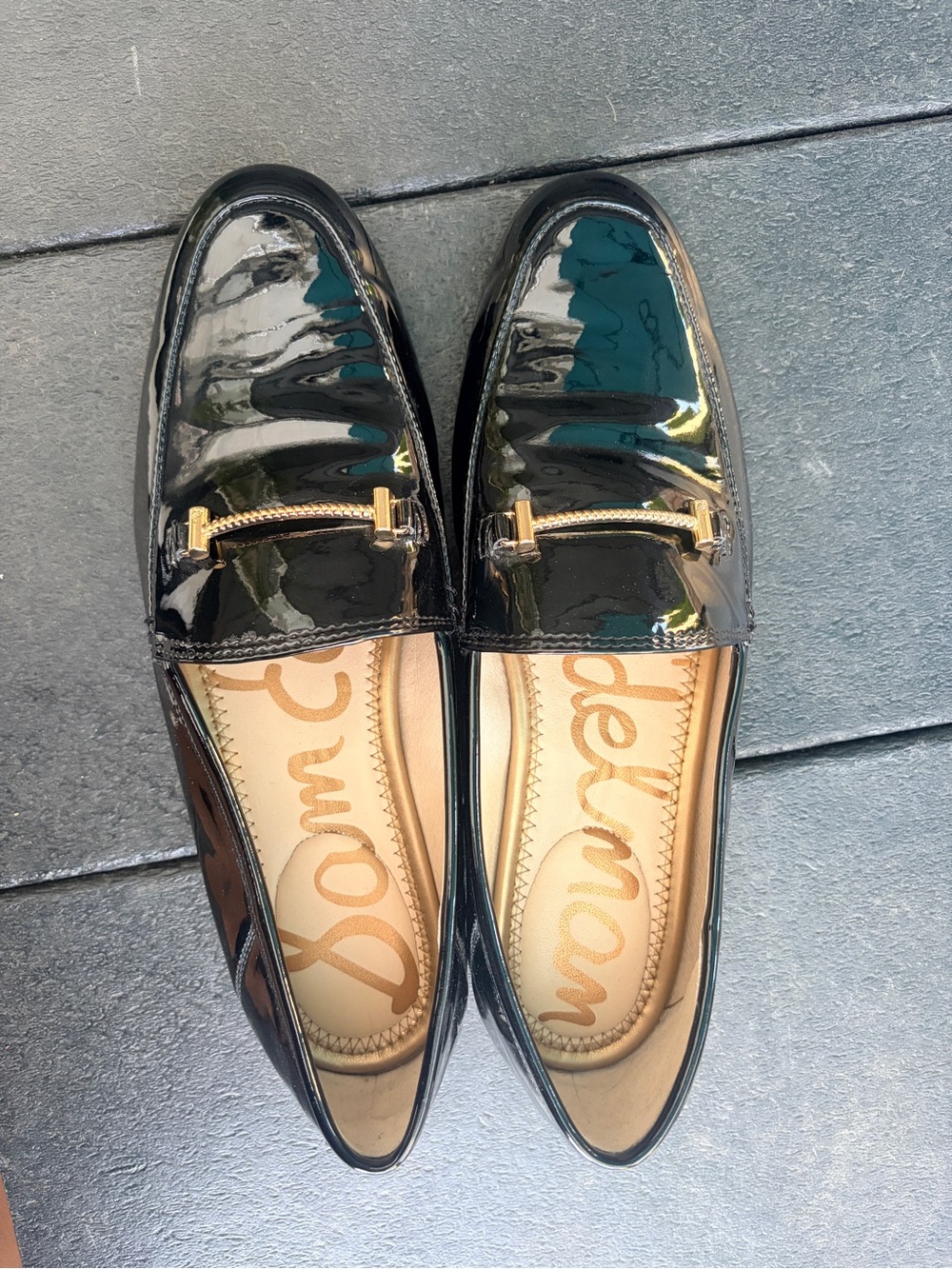 Sam Edelman Black Patent Leather Gold Bit Loafers Size 8